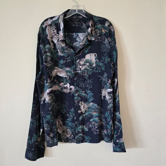 ALL SAINTS Men's Navy Tiger Print Button-Up Shirt Long Sleeve Size XXL - Picture 2 of 11
